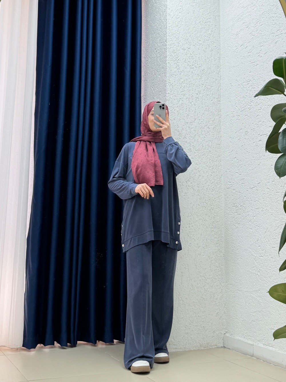 Arife Önü Robalı Yanı Düğmeli Pantolonlu Pike Takım-EY1006 Lacivert
