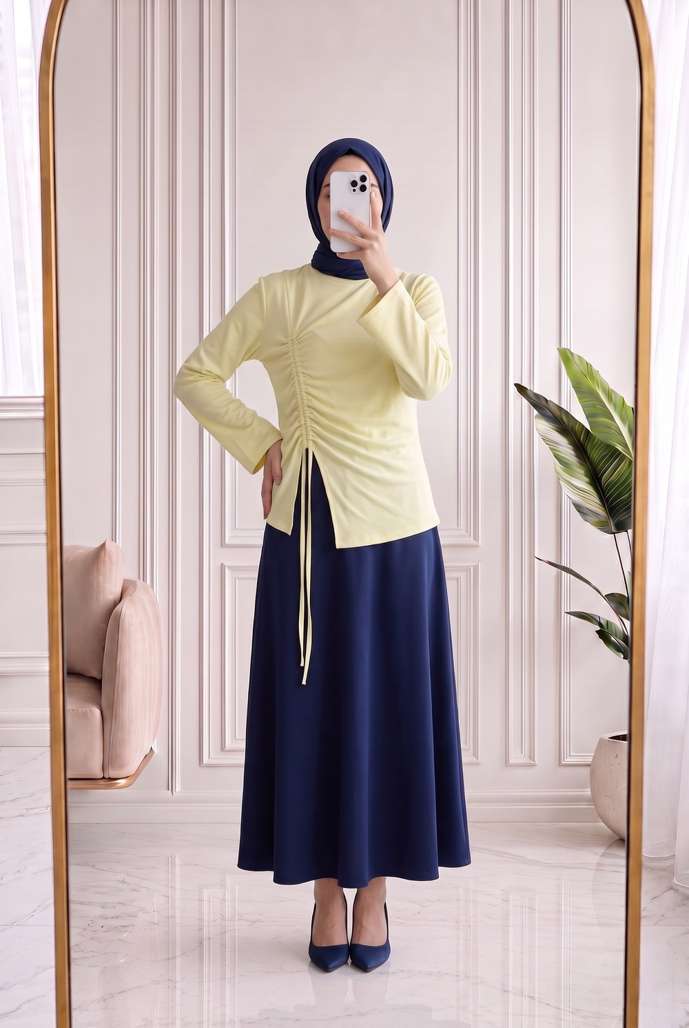 Armina Büzgülü Geniş Kollu Bluz-SS13231 Sarı
