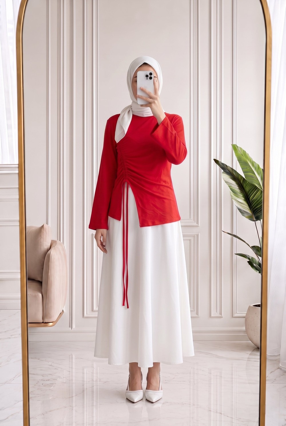 Armina Büzgülü Geniş Kollu Bluz-SS13231 Kırmızı