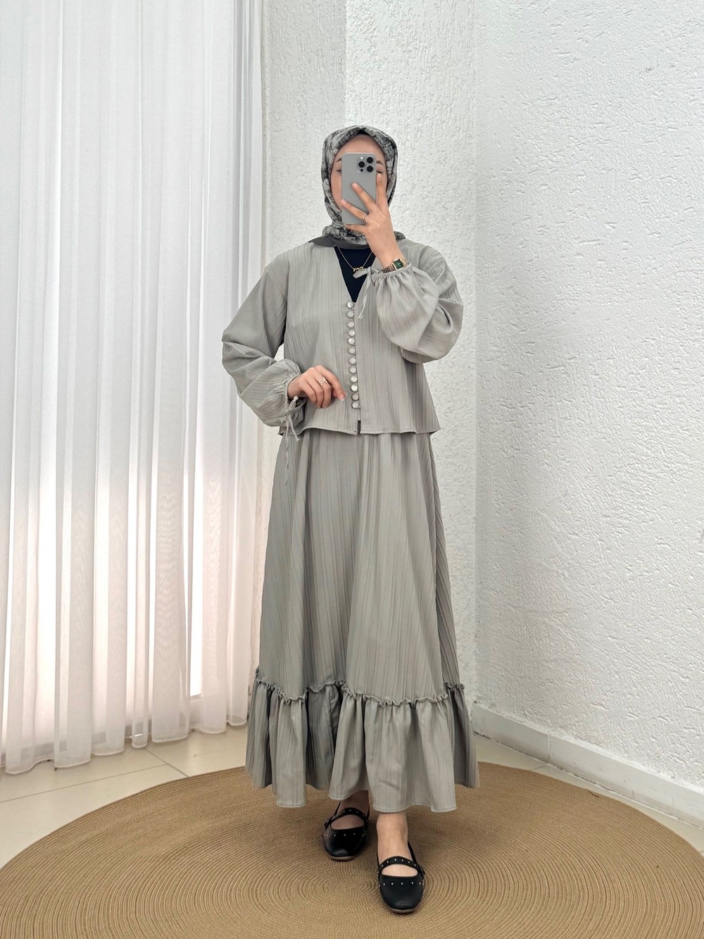 Ascona Kol Bağcıklı Boydan Düğmeli Etek Fırfırlı Dubai Takım-EK459 Mint