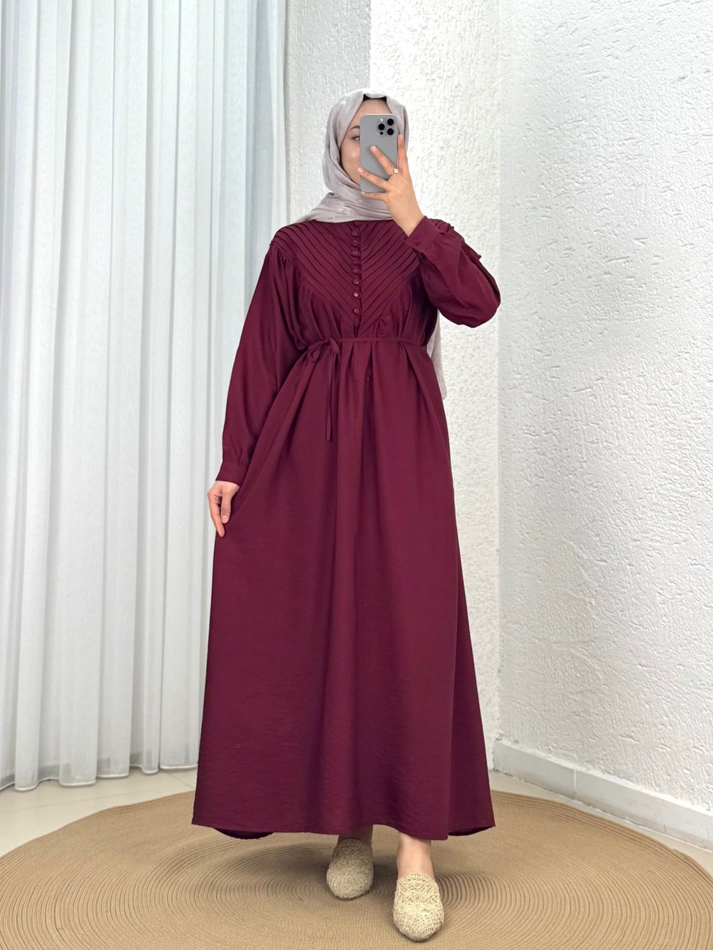 Ayçıl Nervürlü Modal Elbise-NA2407 Bordo