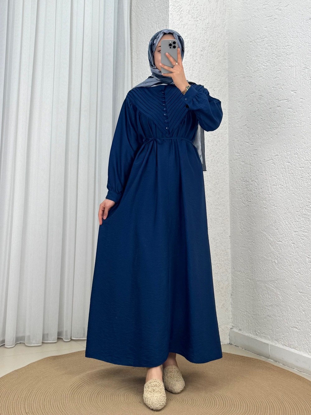 Ayçıl Nervürlü Modal Elbise-NA2407 Lacivert