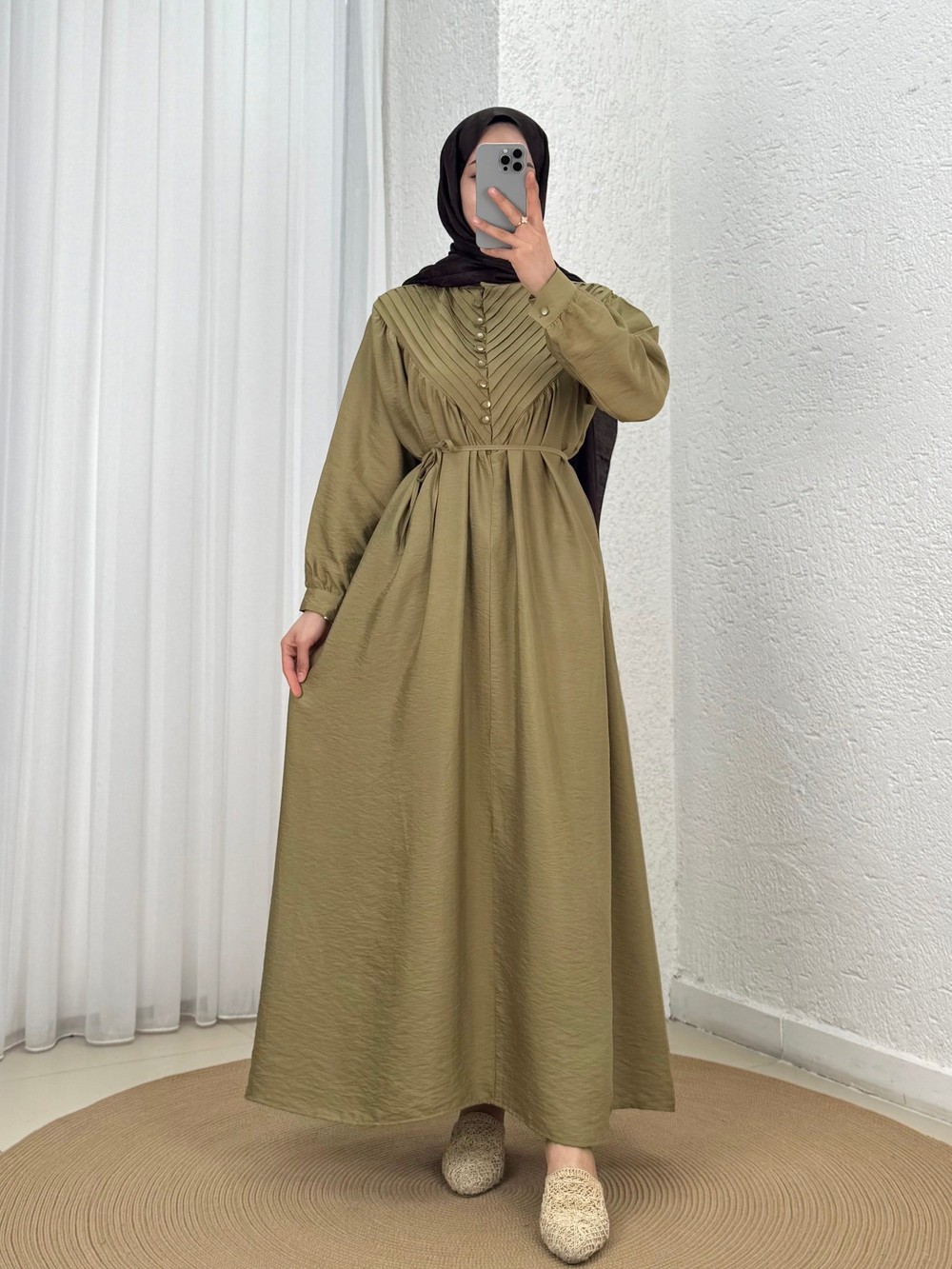 Ayçıl Nervürlü Modal Elbise-NA2407 Yağ Yeşili