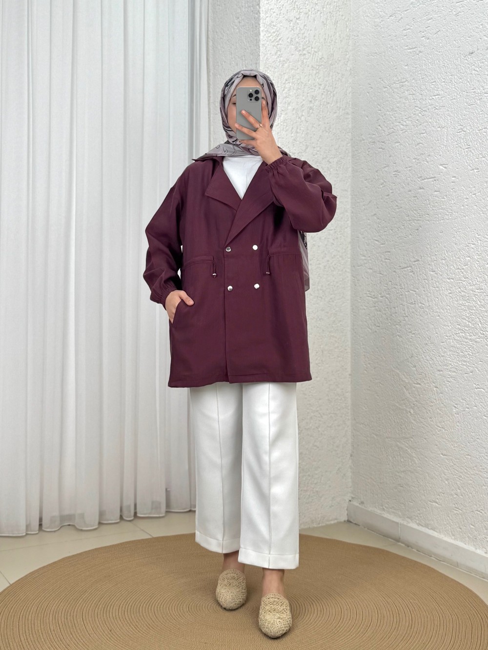Aydan Çıtçıtlı Belden Sıkmalı Kol Ucu Lastikli Ceket-EU3225 Mürdüm