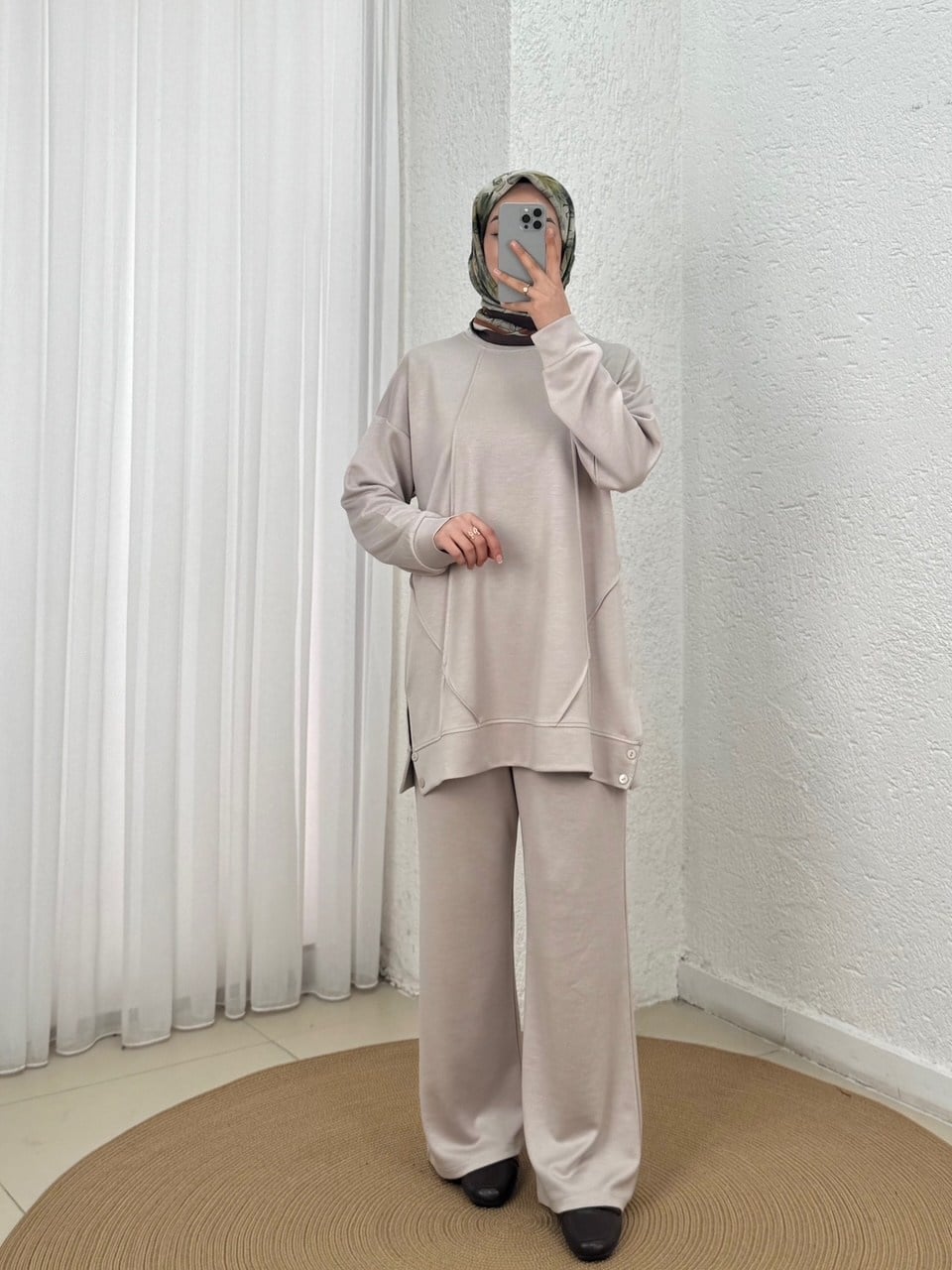 Aygen Önü Dikiş Detaylı Yanı Düğmeli Pantolonlu Takım-MF1890 Taş