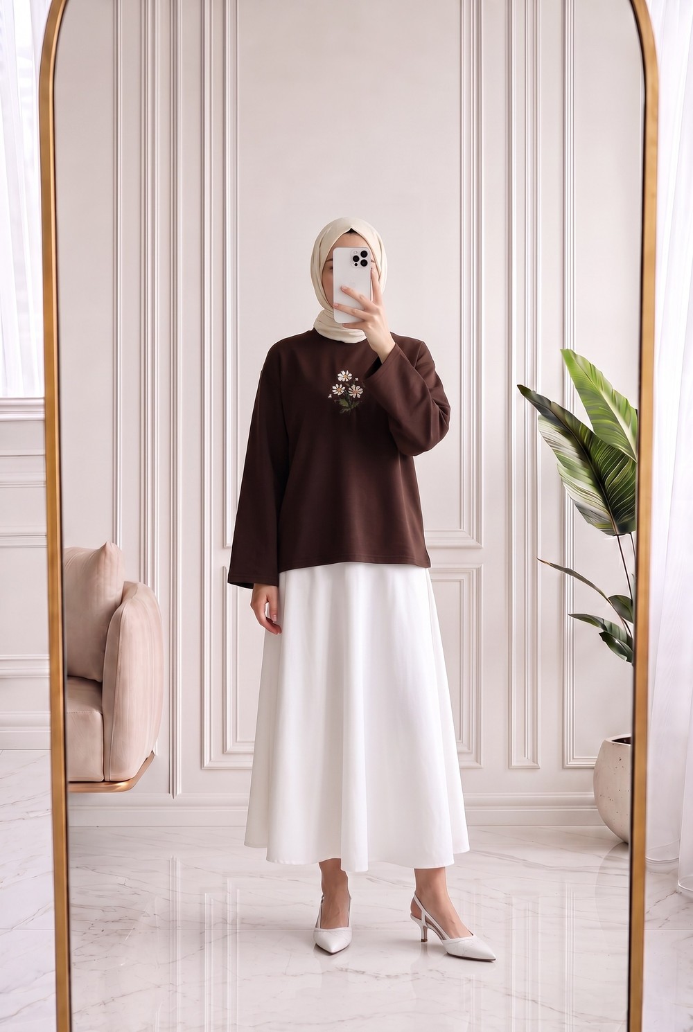 Aylira Çiçek Nakışlı Tunik-SS13252 Kahve