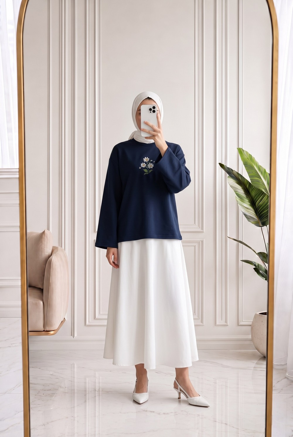 Aylira Çiçek Nakışlı Tunik-SS13252 Lacivert