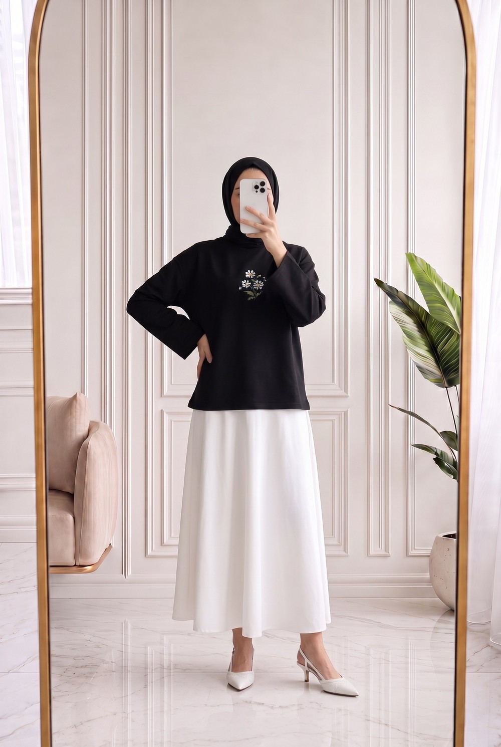 Aylira Çiçek Nakışlı Tunik-SS13252 Siyah