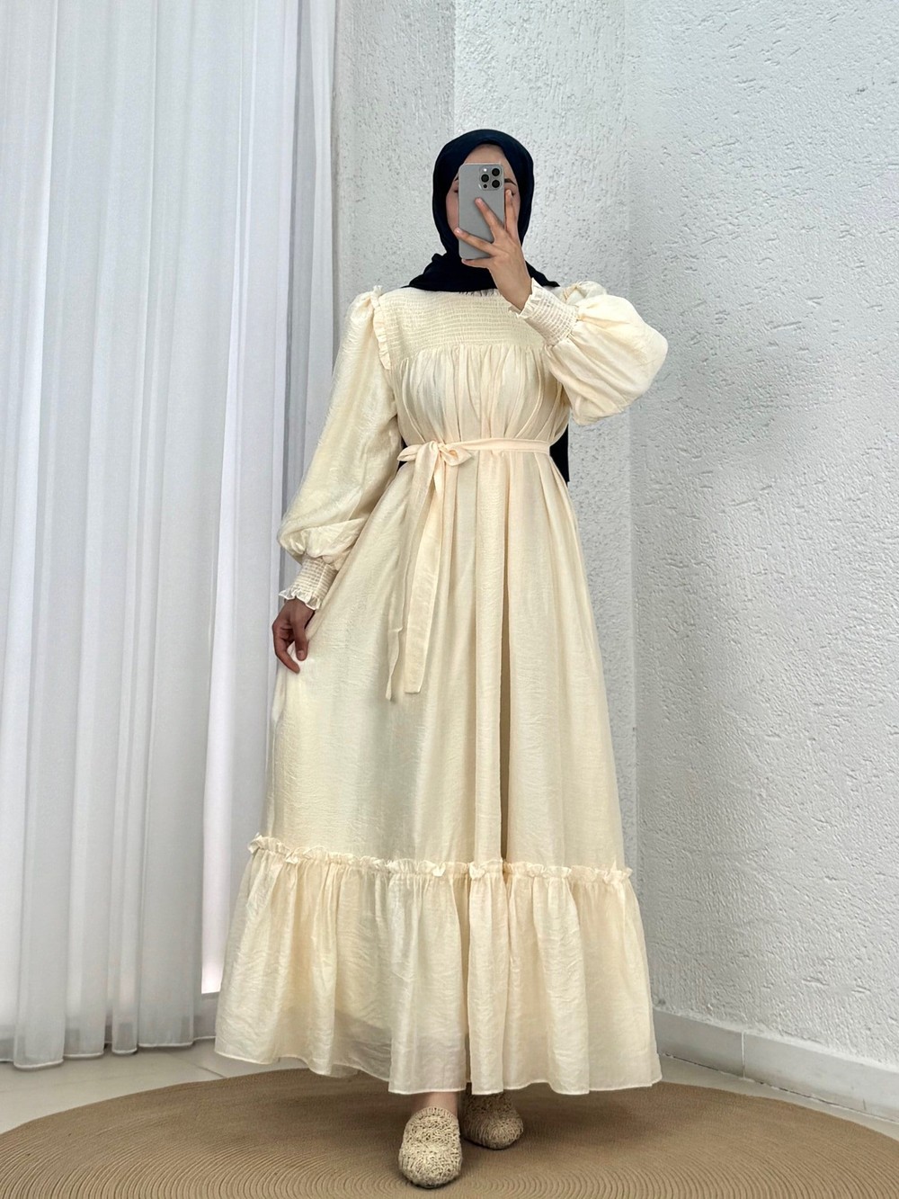 Aypare Göğsü Ve Kol Ucu Büzgülü Vual Elbise-PA9887 Sarı