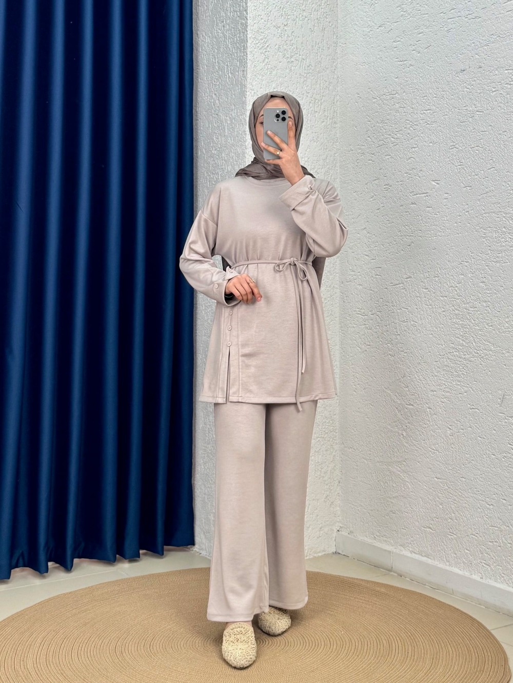 Ayvaz Yanı Düğmeli Kolu Katlamalı Pantolonlu Takım-MF1891 Taş