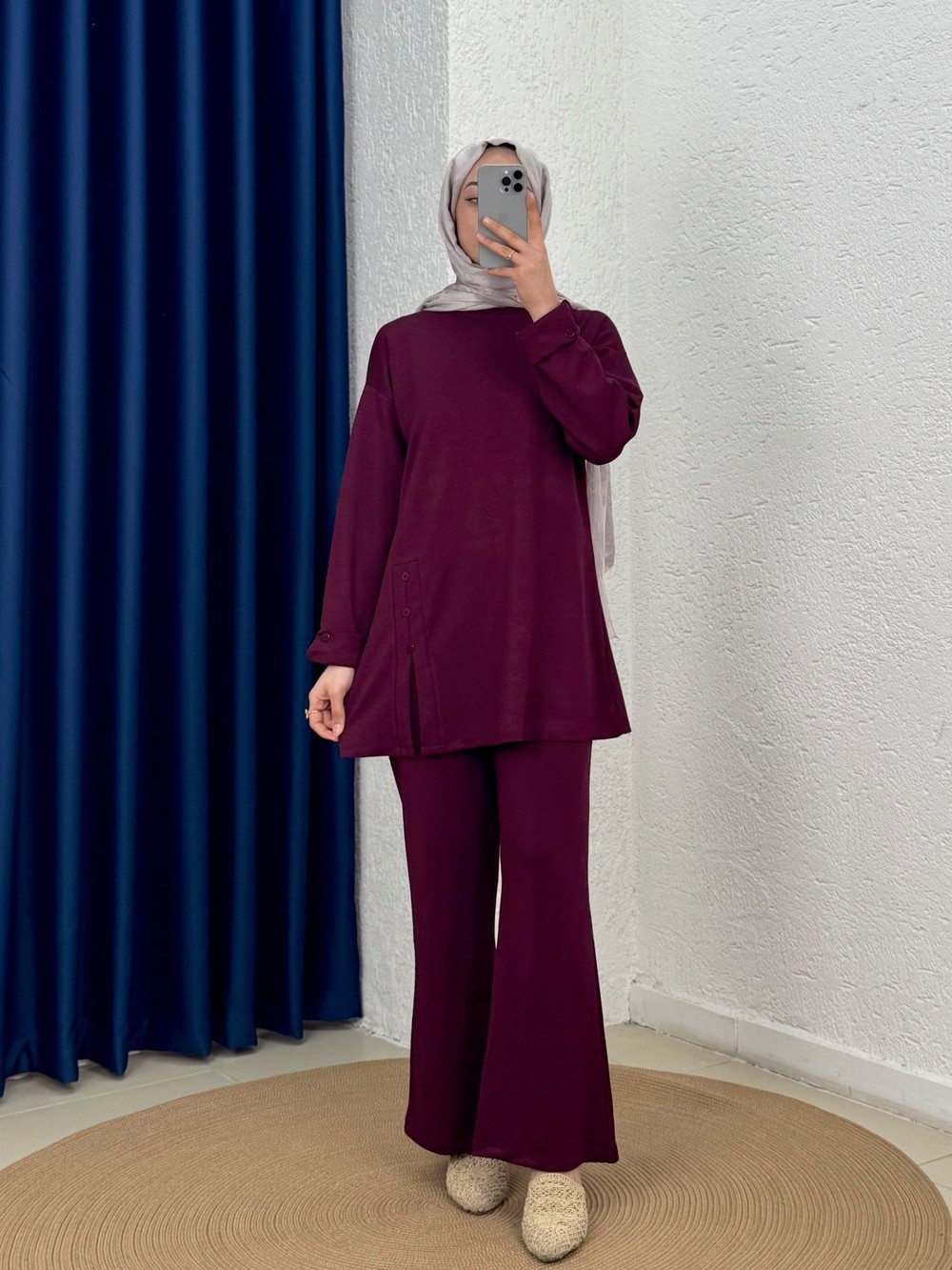 Ayvaz Yanı Düğmeli Kolu Katlamalı Pantolonlu Takım-MF1891 Mürdüm