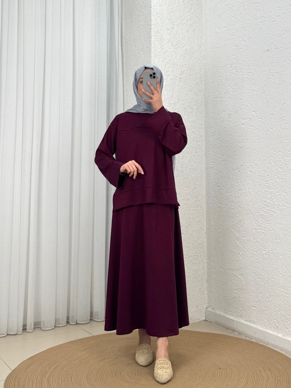 Azime Ribanalı Yırtmaçlı Etekli Takım-MF1892 Mürdüm