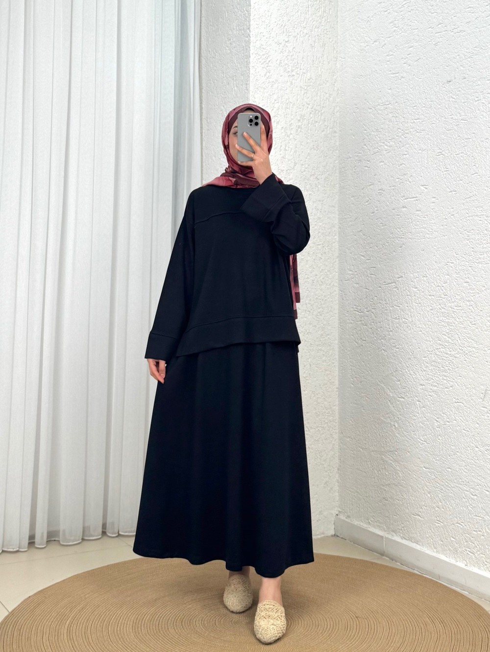 Azime Ribanalı Yırtmaçlı Etekli Takım-MF1892 Siyah