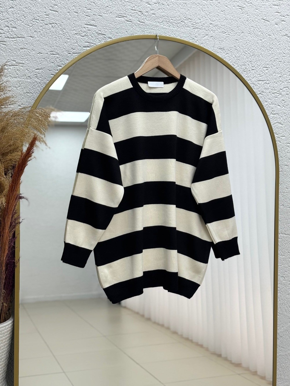 Bahar Kalın Çizgili Oversize Kazak-Zİ5260 Siyah