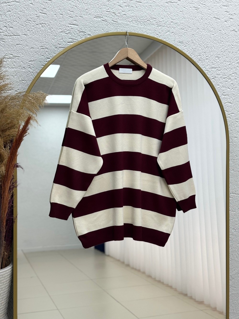 Bahar Kalın Çizgili Oversize Kazak-Zİ5260 Bordo