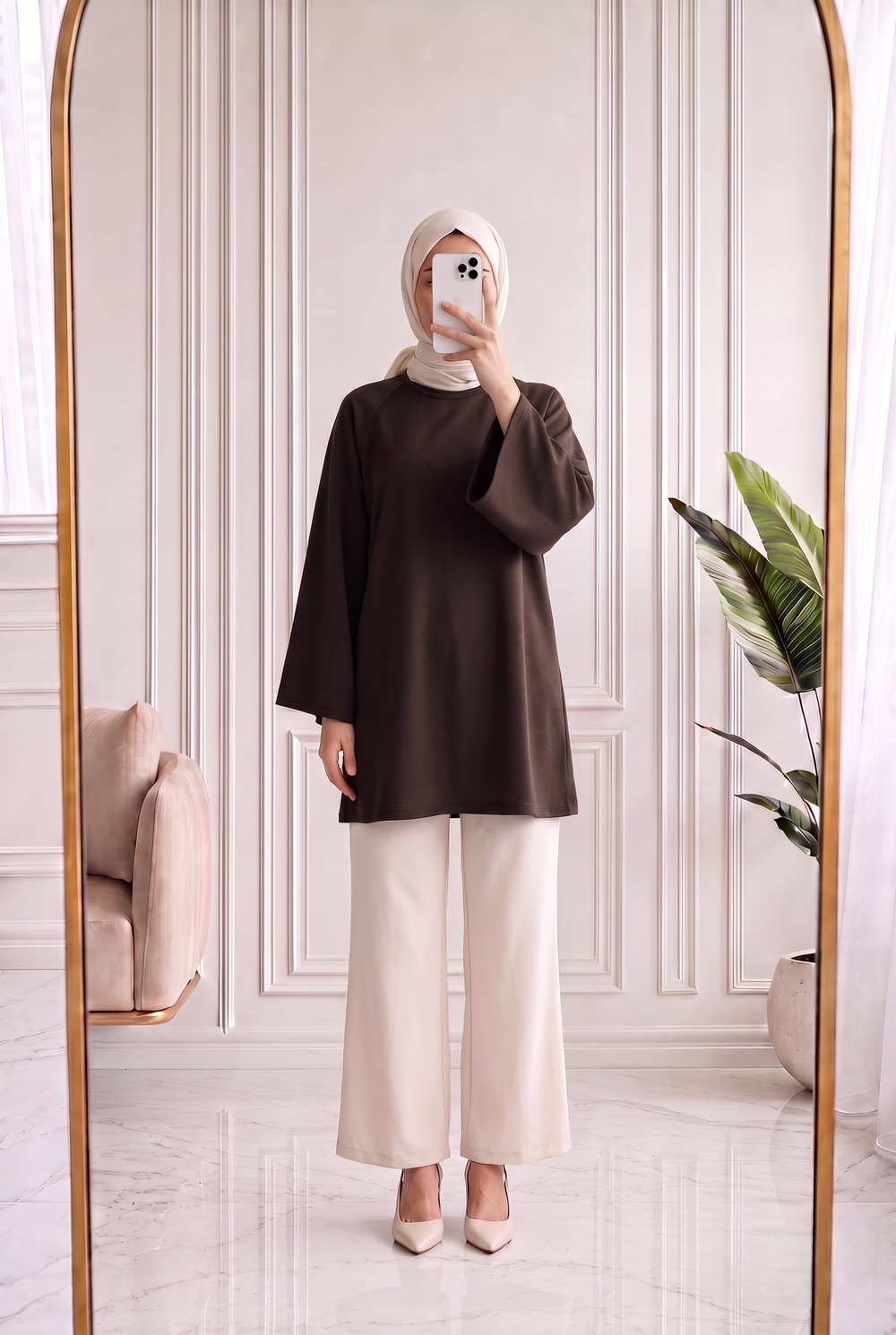 Bahargül Reglan Kol Kordunlu Tunik-MF1933 Kahve