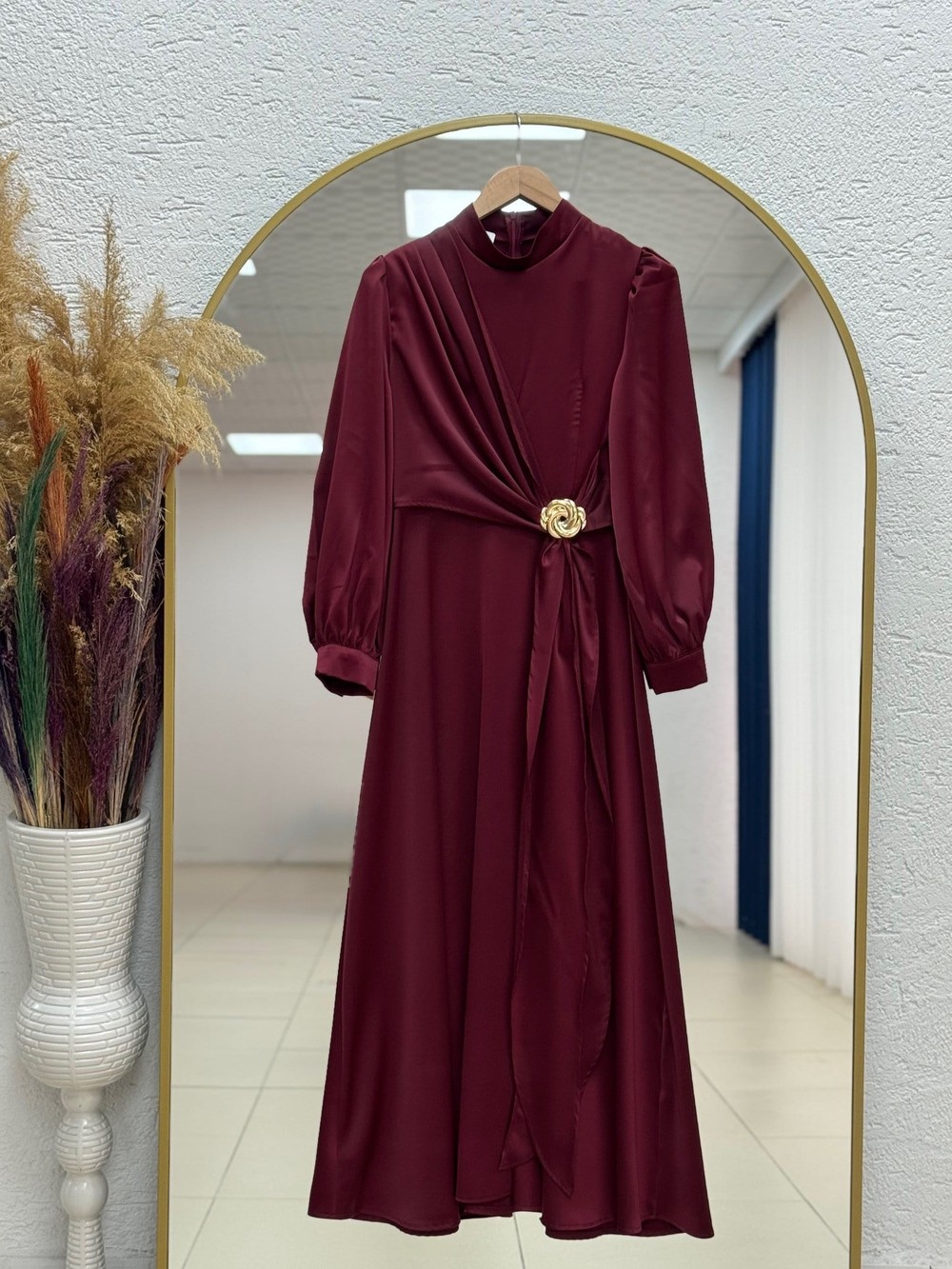 Belgi Güllü Saten Elbise-GE5157 Bordo