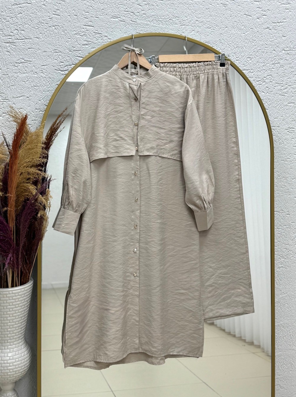 Belgin Bolerolu Tuniği Uzun Pantolonlu Modal Takım-ZŞ7078 Taş