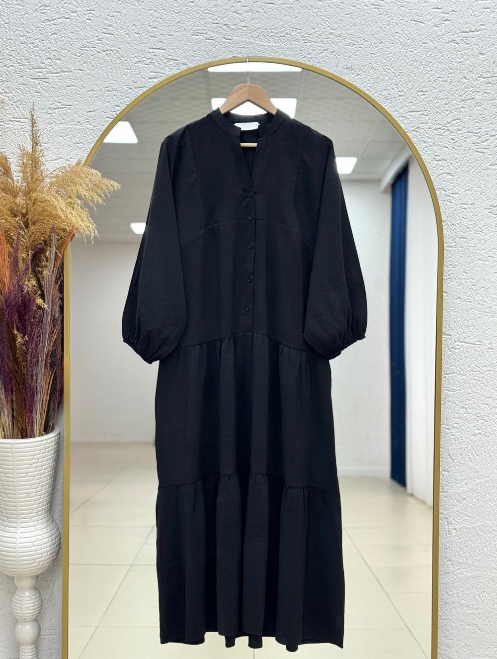 Bige Yarım Patlı Katkatlı Modal Elbise-PE626 Siyah