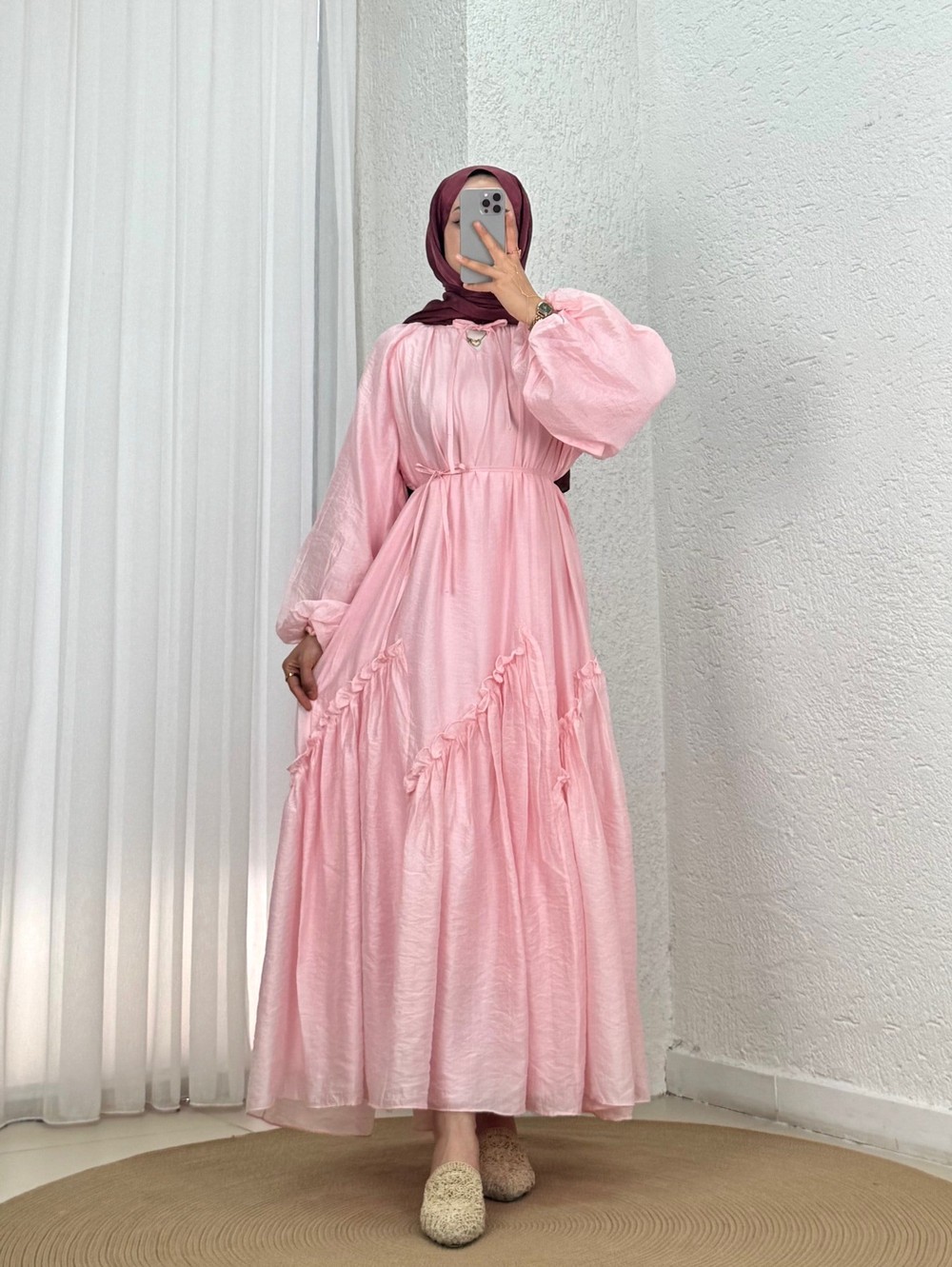 Binnaz Parçalı Ve Fırfırlı Vual Elbise-FA1111 Pembe