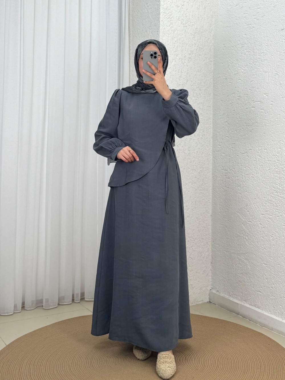 Canay Pelerinli İpli Elbise-ML2095 Antrasit