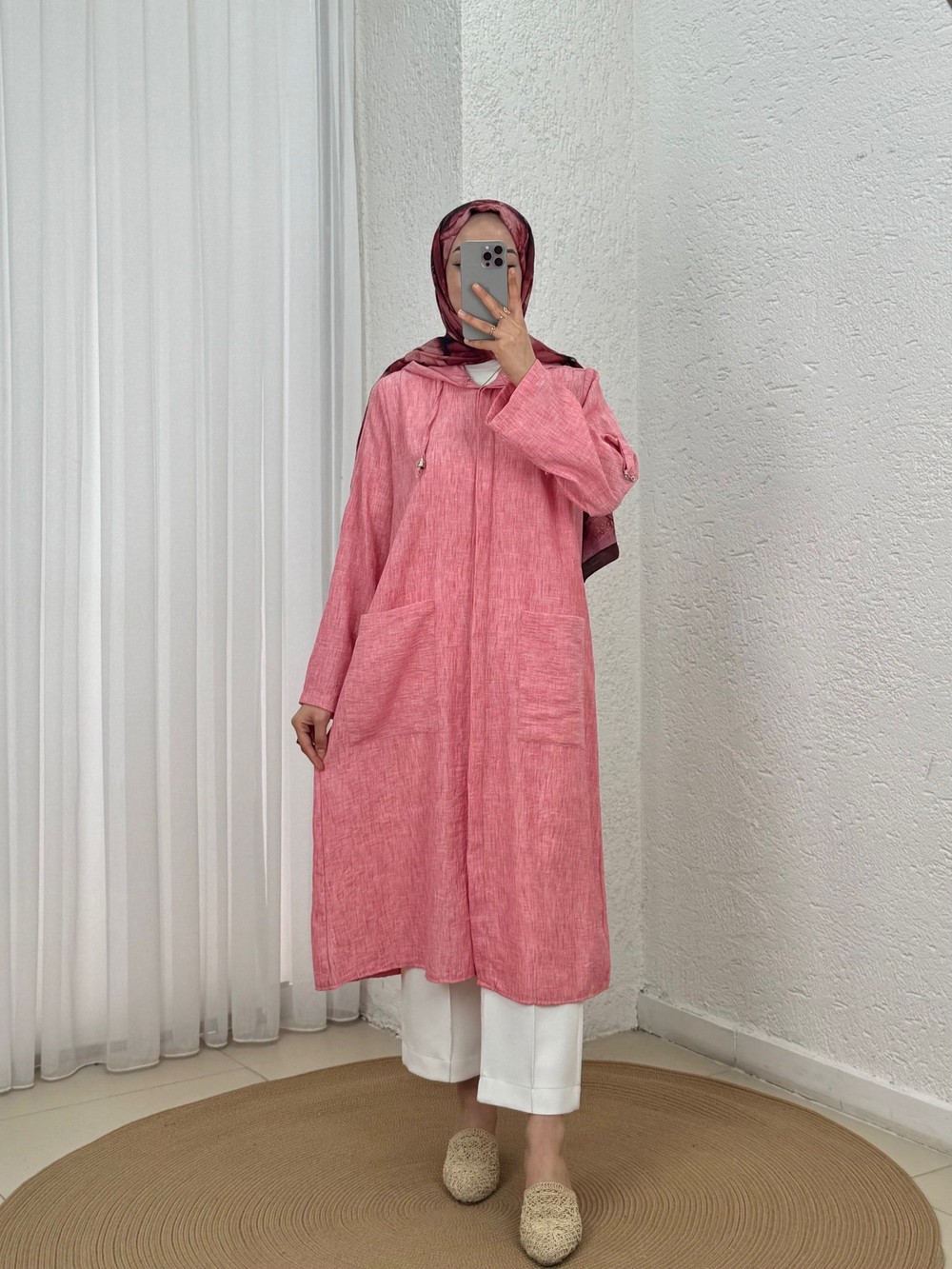 Celile Kapşonlu Çift Cepli Keten Uzun Hırka-MF1852 Pembe