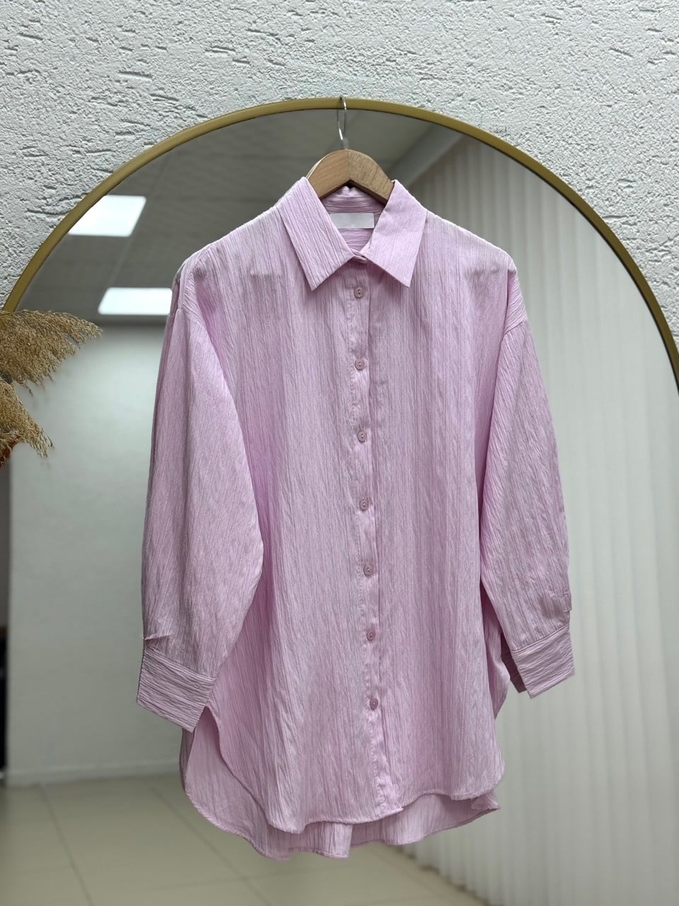 Çiğdem Çizgili Keten Karışımlı Oversize Kadın Gömlek-ZN1174 Pembe
