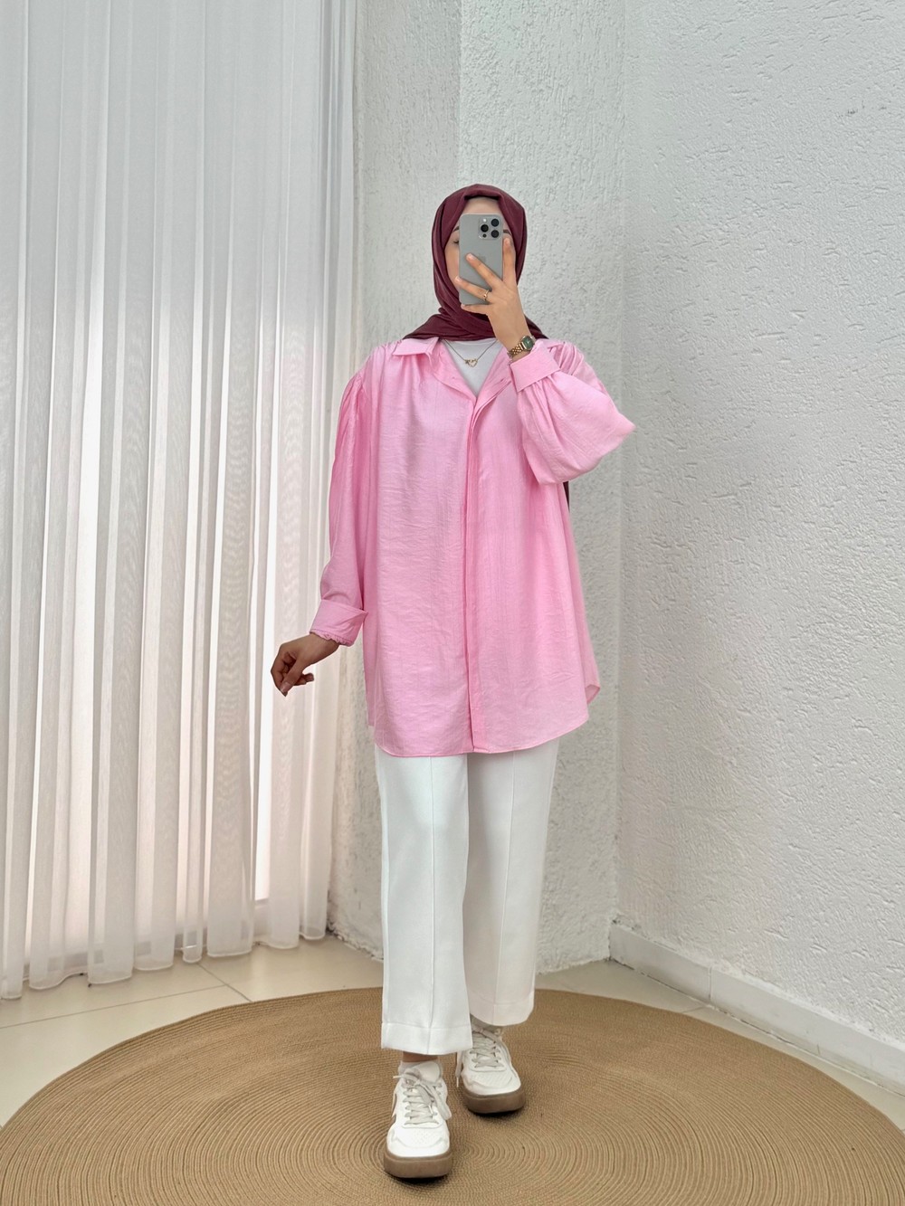 Çilek Omuz Büzgülü Gizli Patlı Balon Kol Gömlek-NA769 Pembe