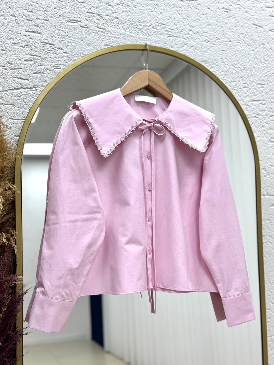 Devrim Yaka Dantelli Kısa Gömlek-BN4598 Pembe