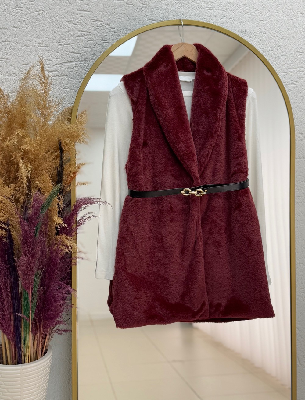 Elham Kemerli Peluş Yelek-BN8468 Bordo
