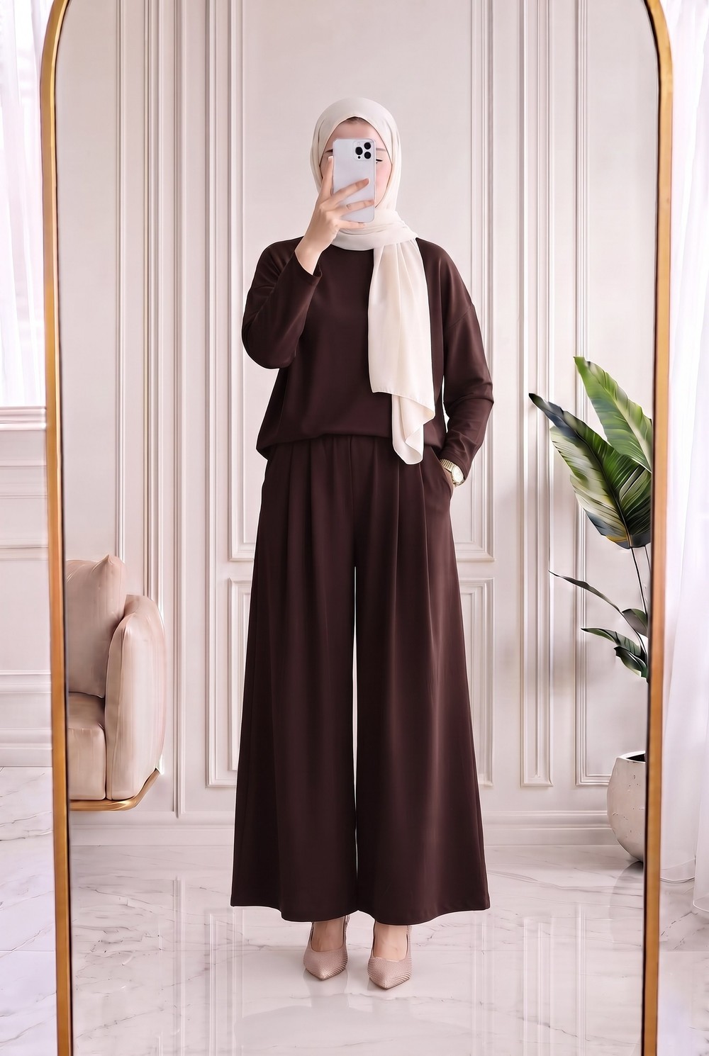 Elvanur Geniş Paça Yırtmaçlı Takım-MF1920 Kahve