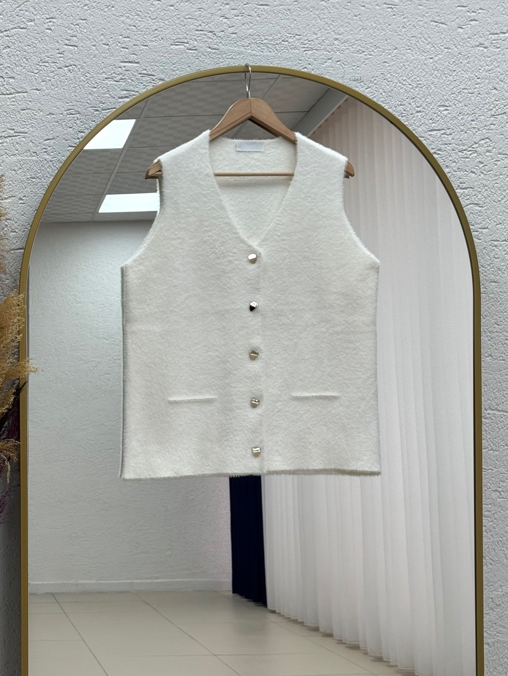 Enuna Gold Düğmeli Angora Yelek-KR5028 Beyaz