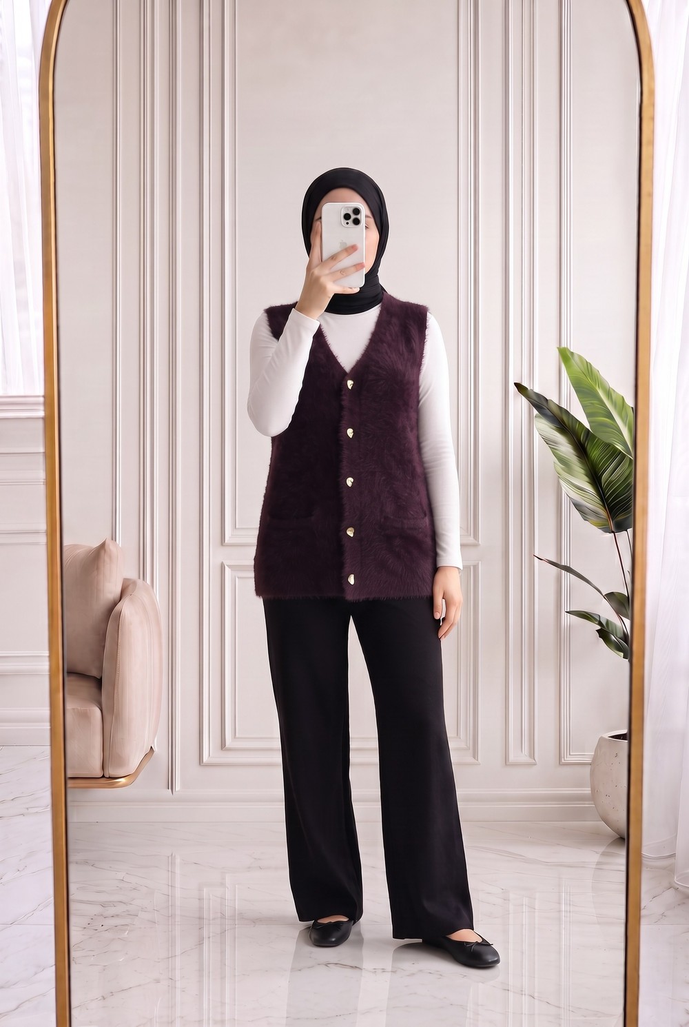 Enuna Gold Düğmeli Angora Yelek-KR5028 Mürdüm