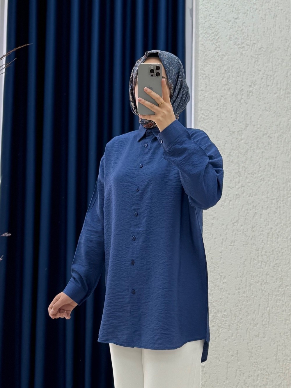 Evsa Oversize Ense Düğmeli Gömlek-NA689 Lacivert