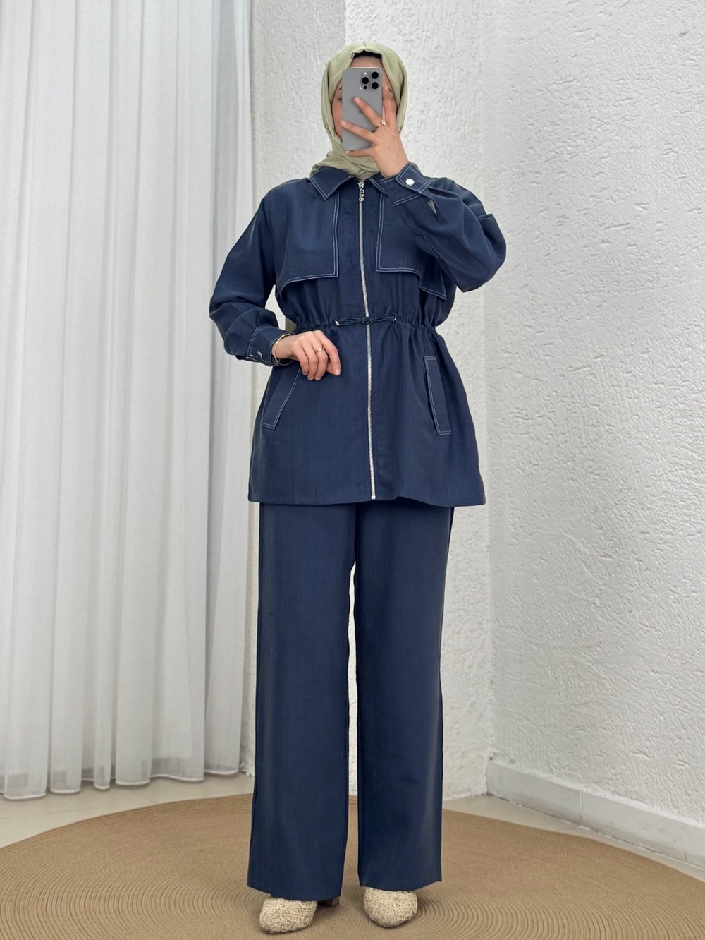Fazilet Çift Cepli Bolerolu Beli Sıkmalı Pantolonlu Takım-EU3194 Lacivert