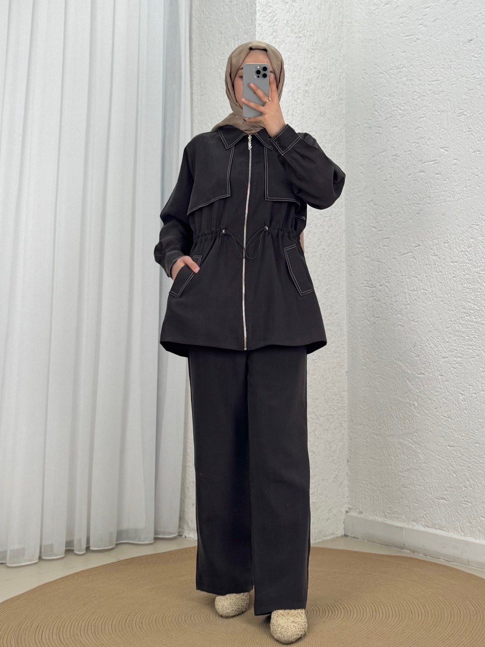 Fazilet Çift Cepli Bolerolu Beli Sıkmalı Pantolonlu Takım-EU3194 Aci Kahve