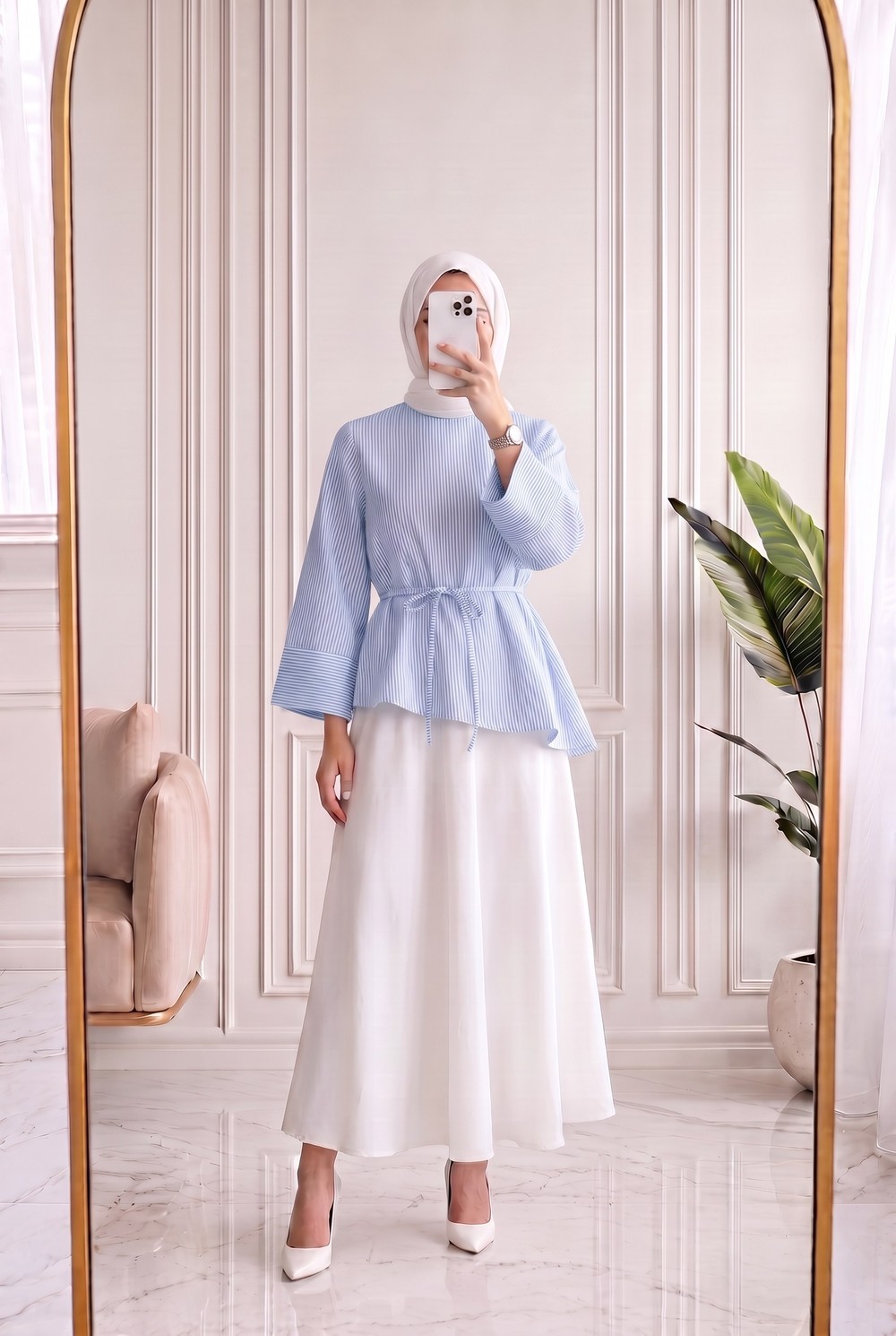 Ferhan Çizgili Altı Asimetrik Bluz-SS13202 Mavi