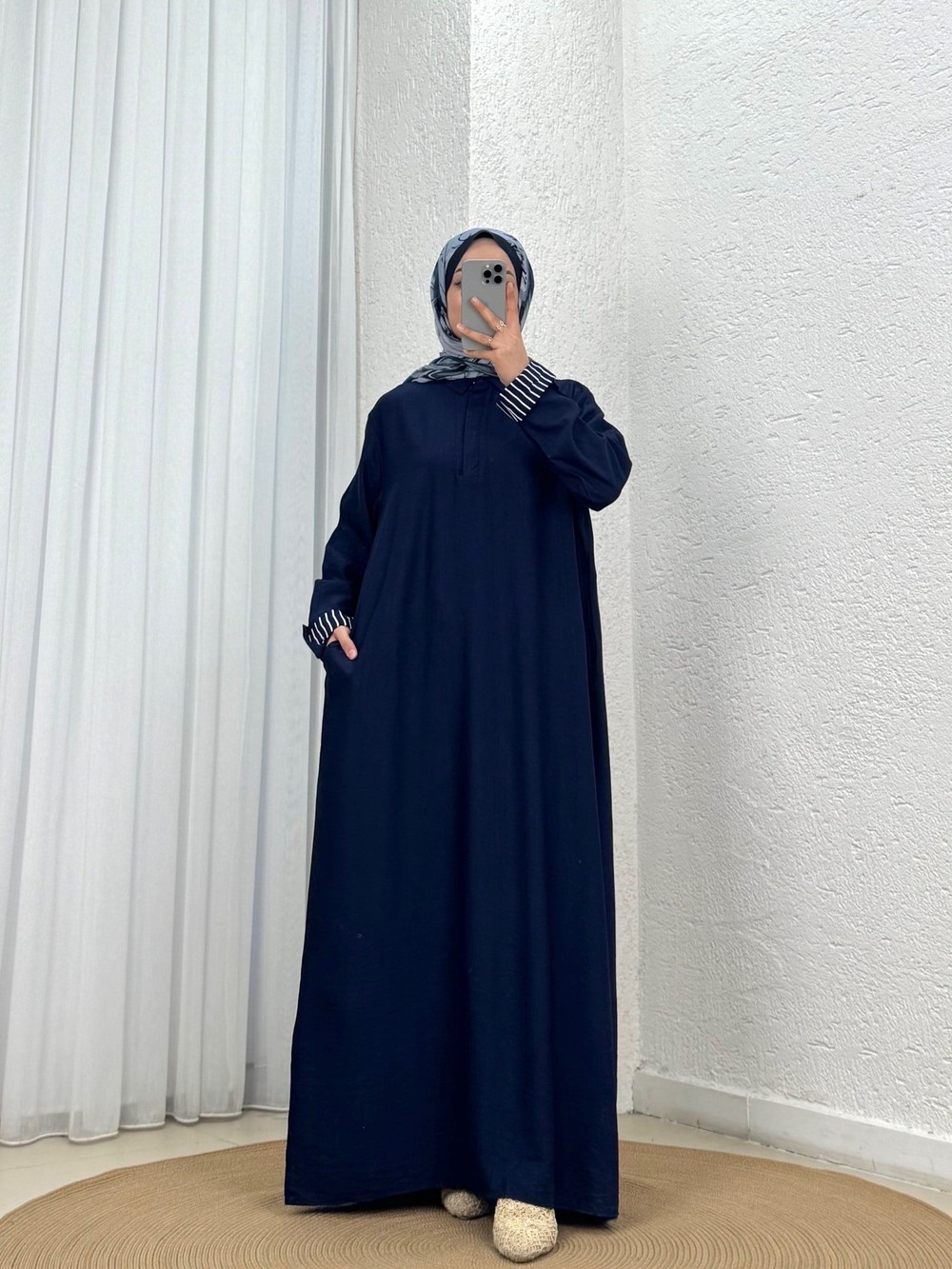 Fidan Garnili Gizli Düğmeli Çilek Elbise-PE735 Lacivert