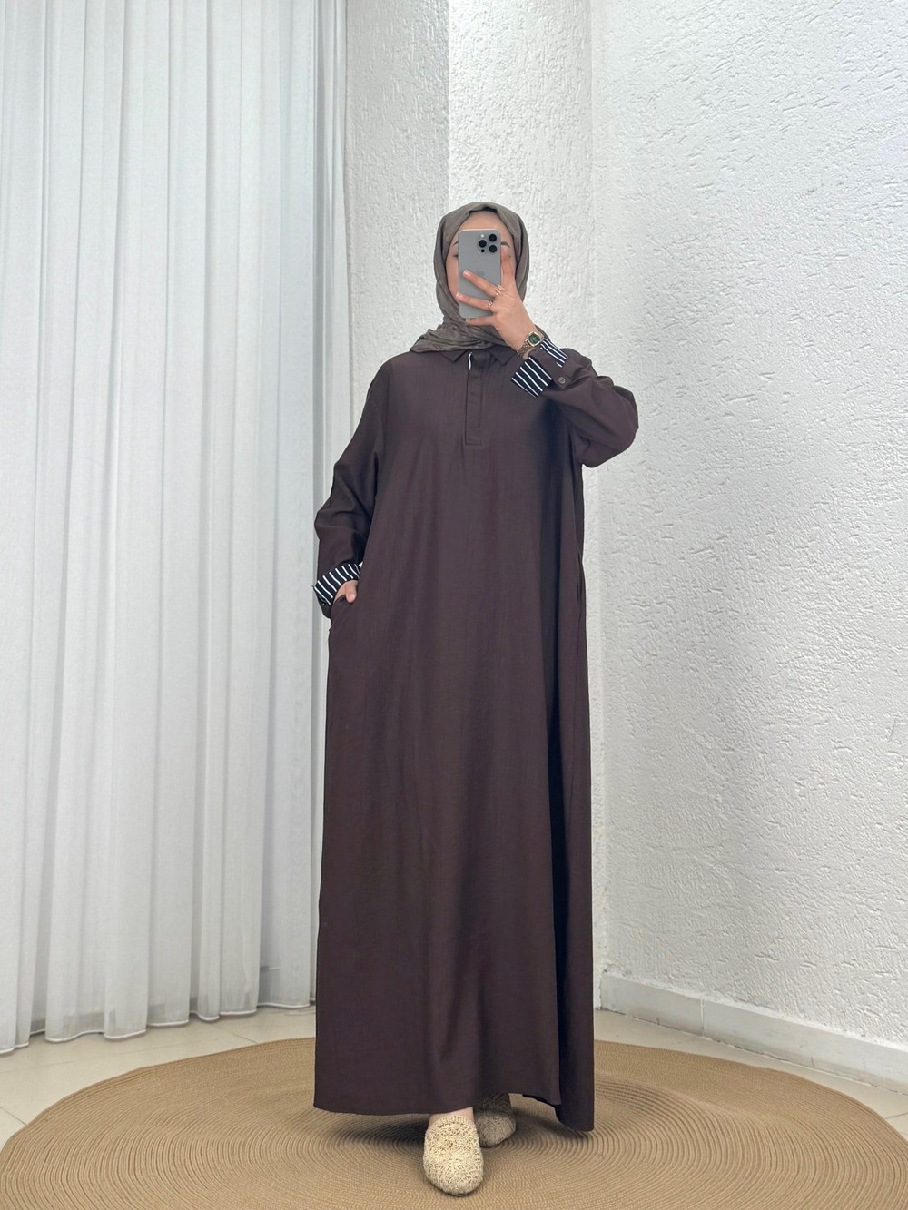 Fidan Garnili Gizli Düğmeli Çilek Elbise-PE735 Koyu Kahve