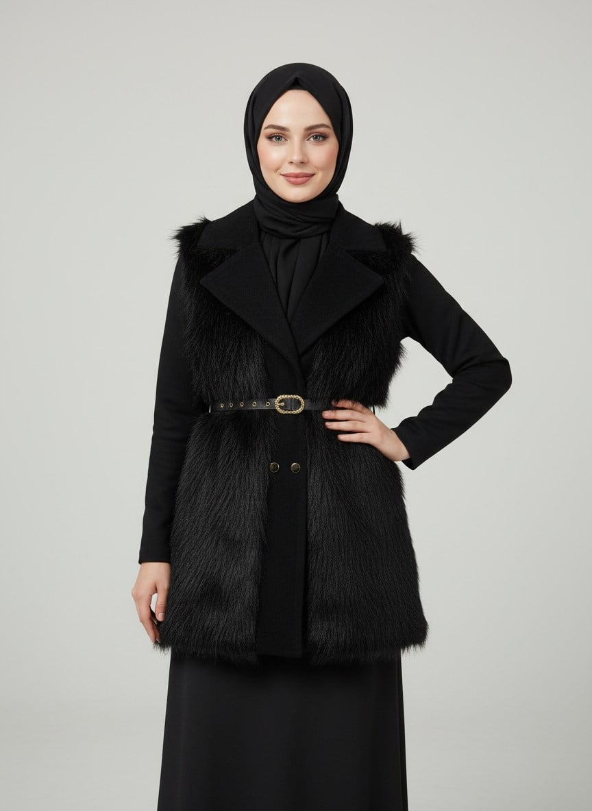 Finetta Metal Düğmeli Kürklü Yelek-EN2209 Siyah