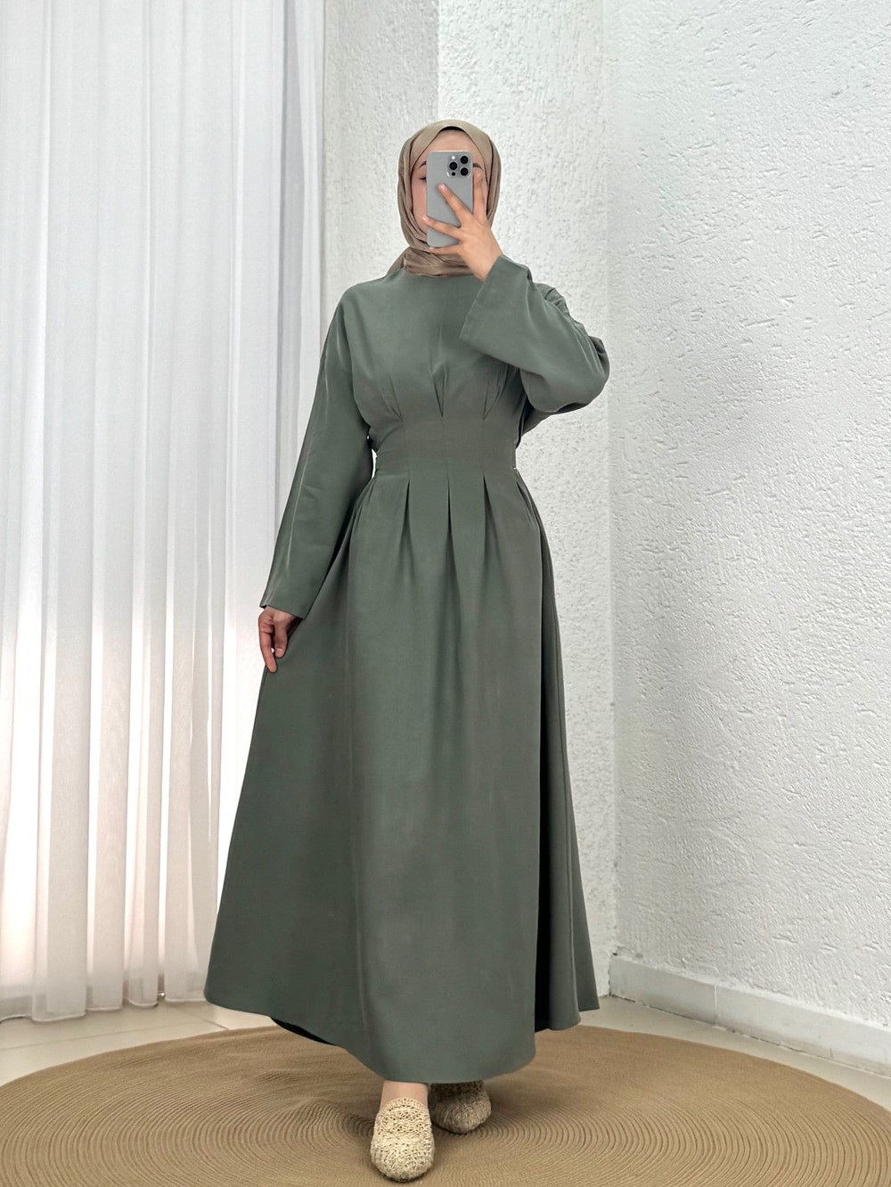 Güldan Yandan Sıkmalı Pileli Elbise-EN814 Haki