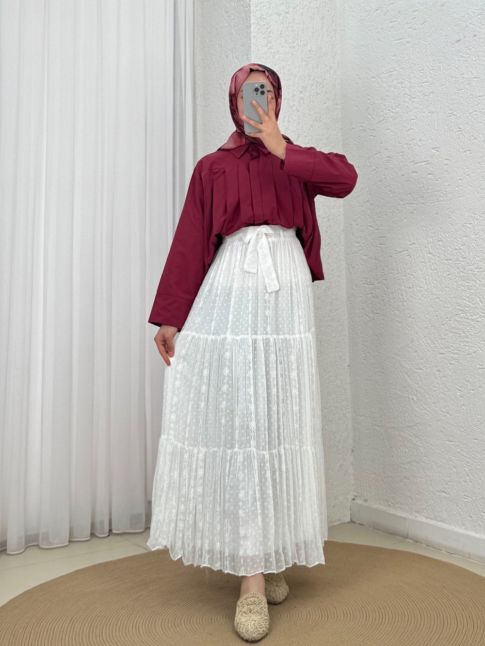 Güliz Nakışlı Astarlı Şifon Etek-AA3319.1 Beyaz