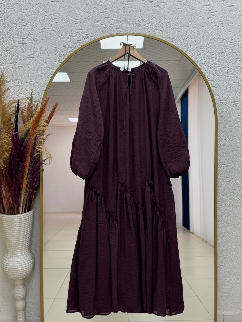 Günseli Altı Fırfırlı Vual Elbise-ÜN5046 Mürdüm