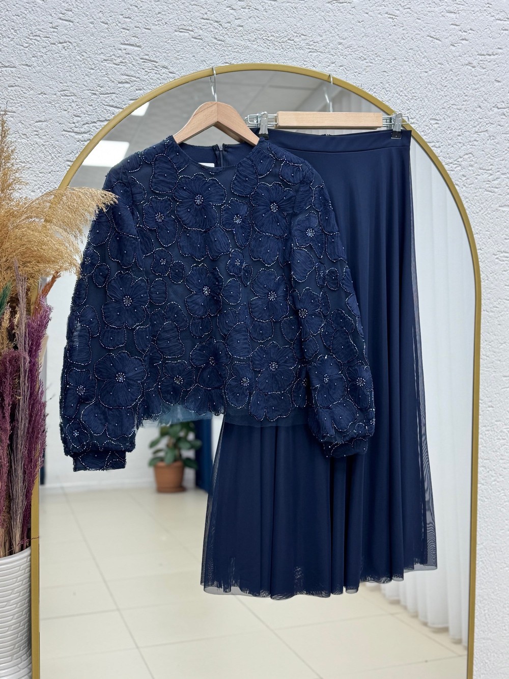 Hacer Taşlı Güllü Etekli Tül Takım-GE799 Lacivert