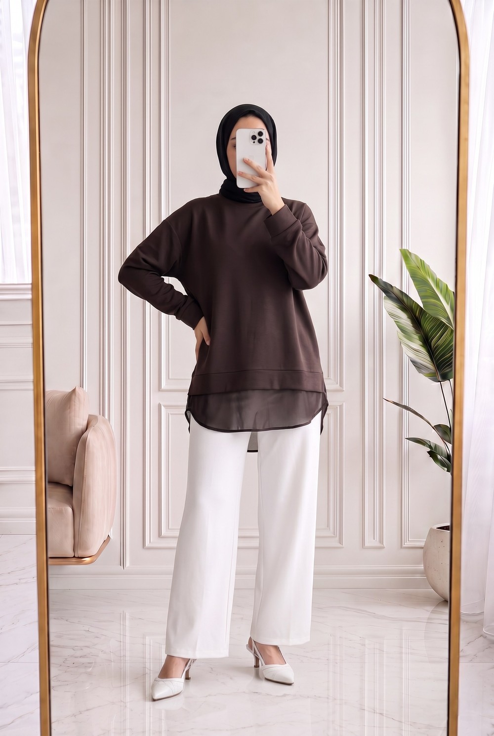 Hümanaz Altı Şifonlu Tunik-ZN3226 Kahve