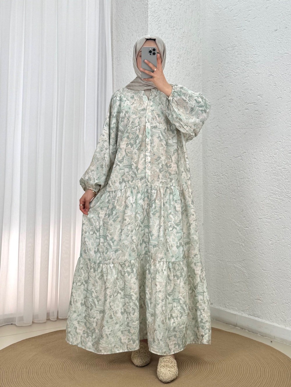 Huzur Desenli V Yaka Patlı Elbise-PE634.12 Su Yeşili