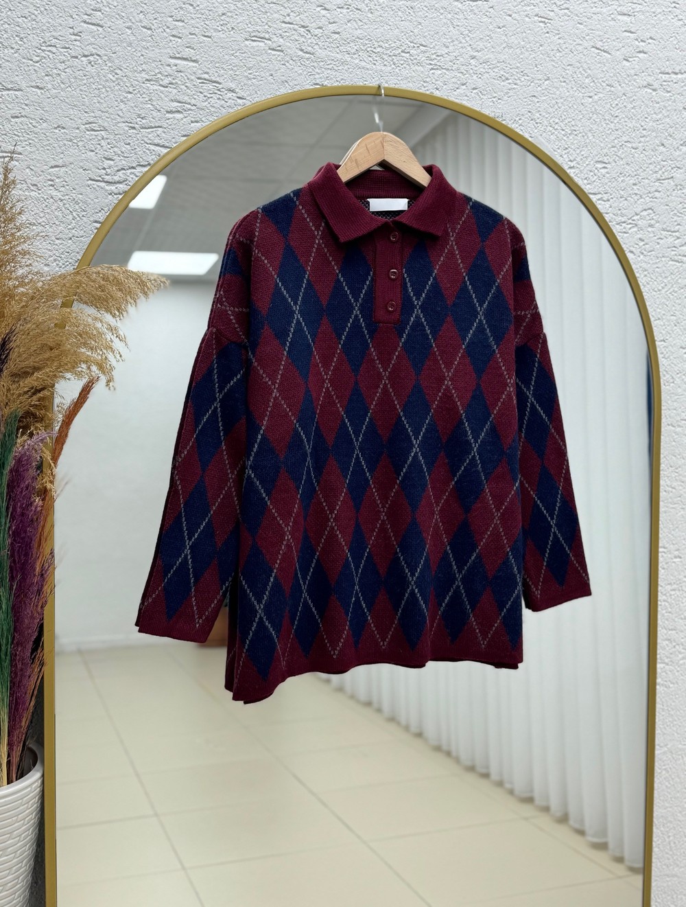 İlknur Polo Yaka Baklava Desen Kazak-Zİ5593 Bordo