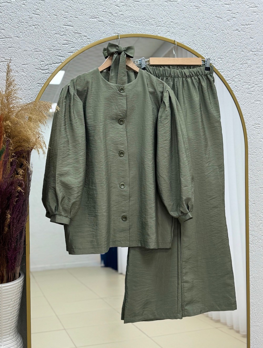 Işık Kolu Lastikli Önü Düğmeli Pantolonlu Takım-BN4401 Yeşil