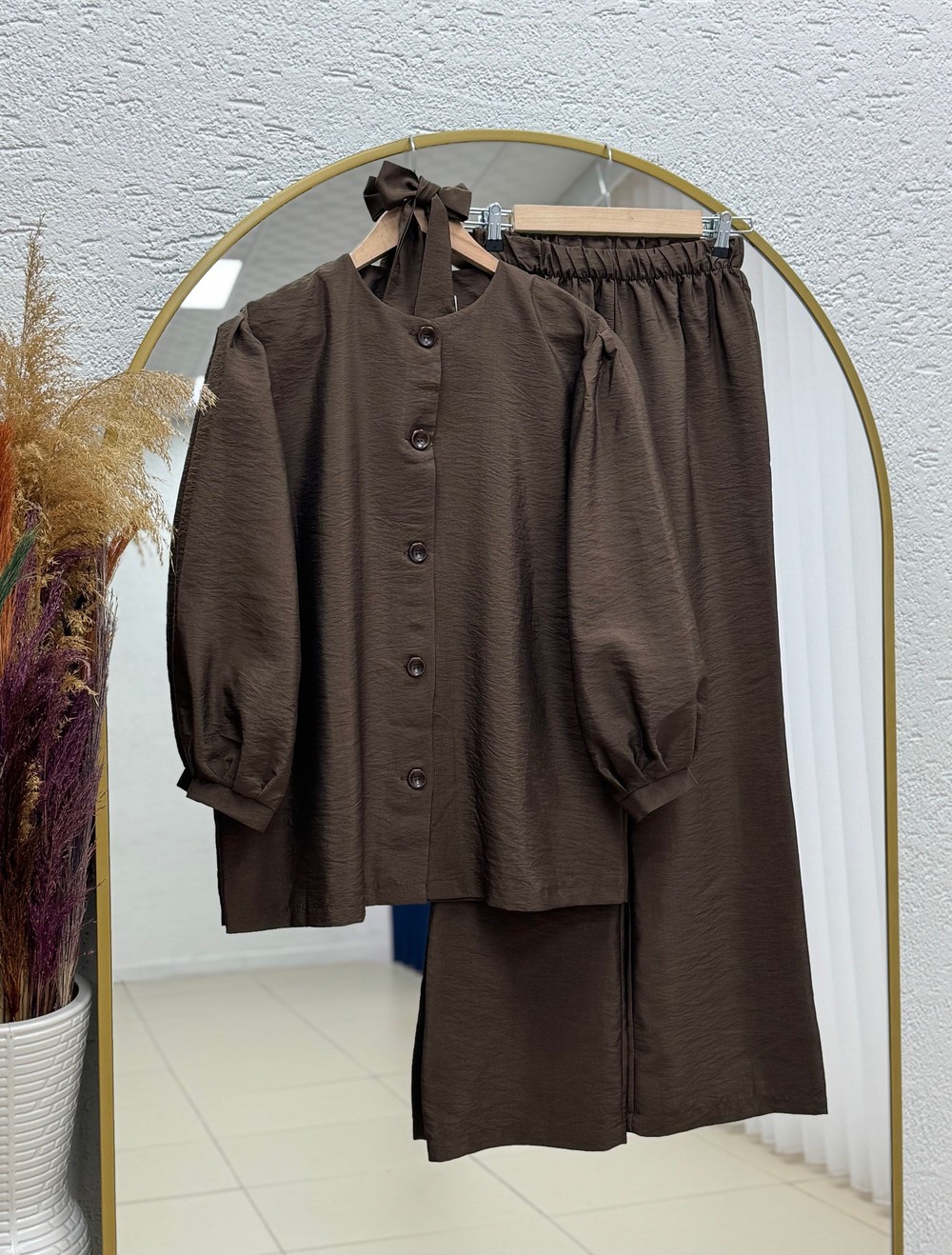 Işık Kolu Lastikli Önü Düğmeli Pantolonlu Takım-BN4401 Kahve