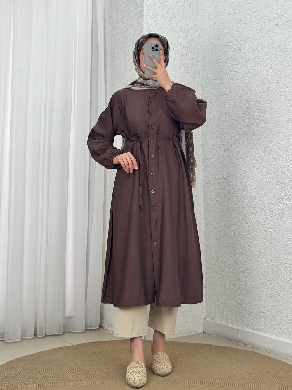 Laçin Hakim Yaka Uzun Çilek Tunik-AS5963 Kahve